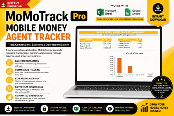 MoMoTrack Pro – Mobile Money Agent Reconciliation Tracker (Excel & Google Sheets)